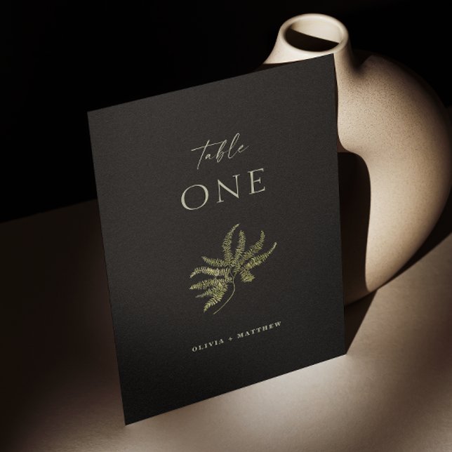 Numéro De Table Mariage Botanique Noir | Feuillage de Fougère Mini (Créateur téléchargé)
