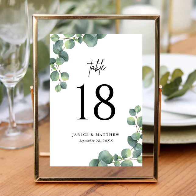 Numéro De Table Mariage Botanique Rustique au Feuillage d'Eucalypt (Rustic eucalyptus greenery table numbers add natural charm and guide guests effortlessly.)
