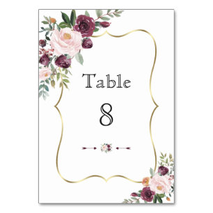 Numéro De Table Mariage Cadre Doré Fleurs Ivory Rouge Bourgogne