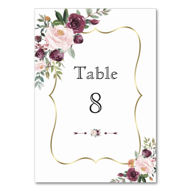 Numéro De Table Mariage Cadre Doré Fleurs Ivory Rouge Bourgogne (Par défaut)