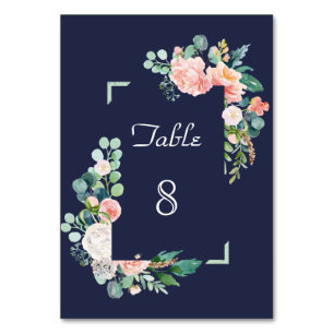 Numéro De Table Mariage cadre vert fleurs blanches rose aquarelle