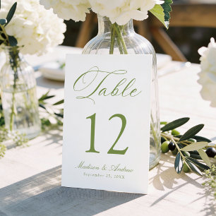 Numéro De Table Mariage Calligraphié Vert Olive Classique