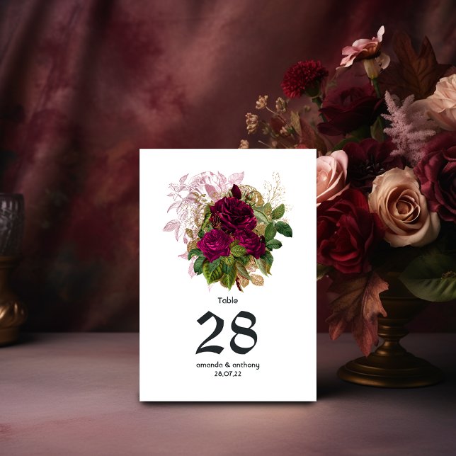 Numéro De Table Mariage Champêtre Doré et Bourgogne Rose (Créateur téléchargé)