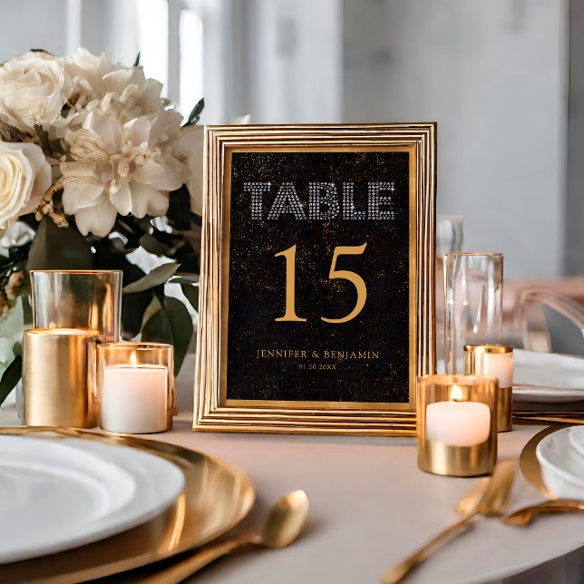 Numéro De Table Mariage Chic Diamants Noir et Or Moucheté (Créateur téléchargé)