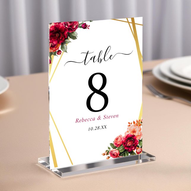 Numéro De Table Mariage chic rouge rose floral et or faux (Créateur téléchargé)