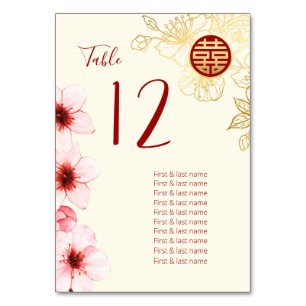 Numéro De Table Mariage chinois aux fleurs de cerisiers