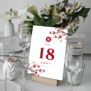 Numéro De Table Mariage chinois double Xi chic rouge fleurs cerisi