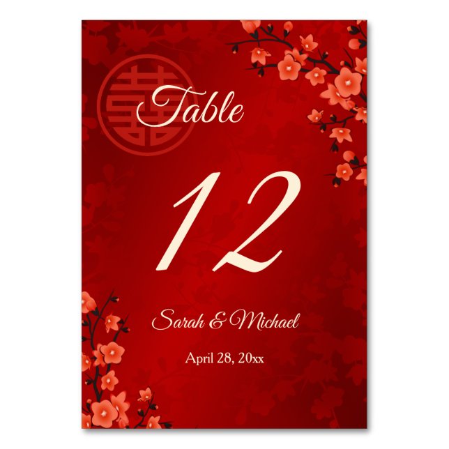 Numéro De Table Mariage chinois en fleurs de cerisiers rouges (Par défaut)