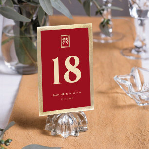 Numéro De Table Mariage chinois rectangle double bonheur or