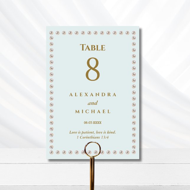 Numéro De Table Mariage chrétien élégant perle bleue  (Créateur téléchargé)