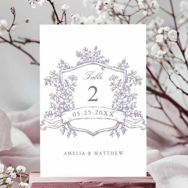 Numéro De Table Mariage Classique Crête Florale Lavande (Créateur téléchargé)
