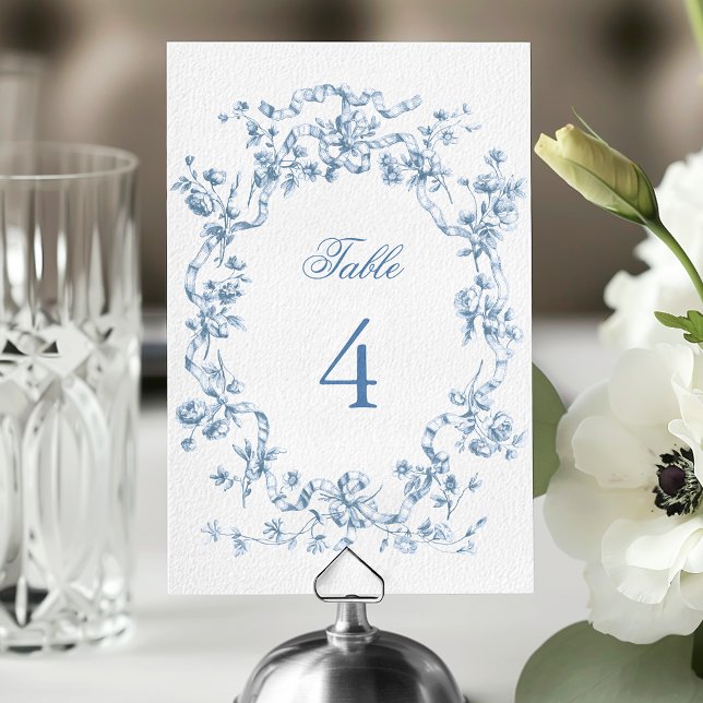 Numéro De Table Mariage Classique Fleurs et Rubans Bleu Français (Créateur téléchargé)