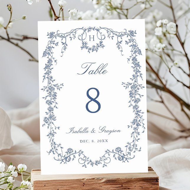 Numéro De Table Mariage Classique Français Victorien Cadre Bleu (Créateur téléchargé)