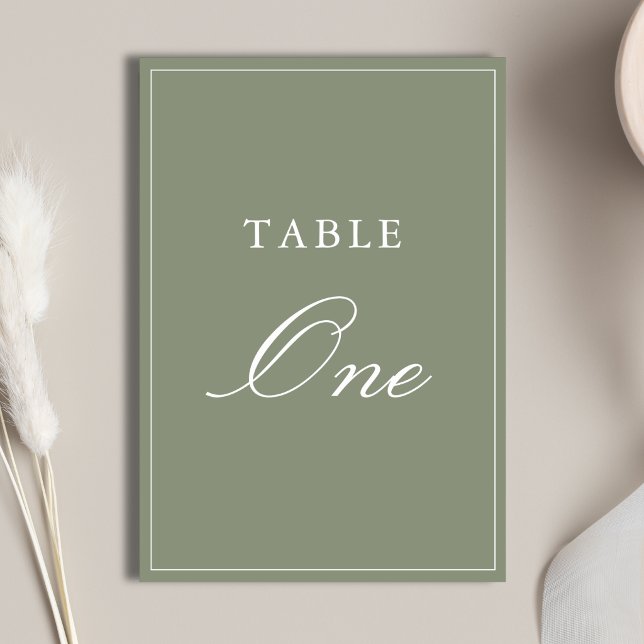 Numéro De Table Mariage Classique Vert Poussiéreux Script (Classic dusty green table numbers add elegant organization to your wedding reception.)