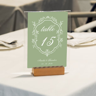 Numéro De Table Mariage Classique Vert Sauge & Fleurs Blanches Cou