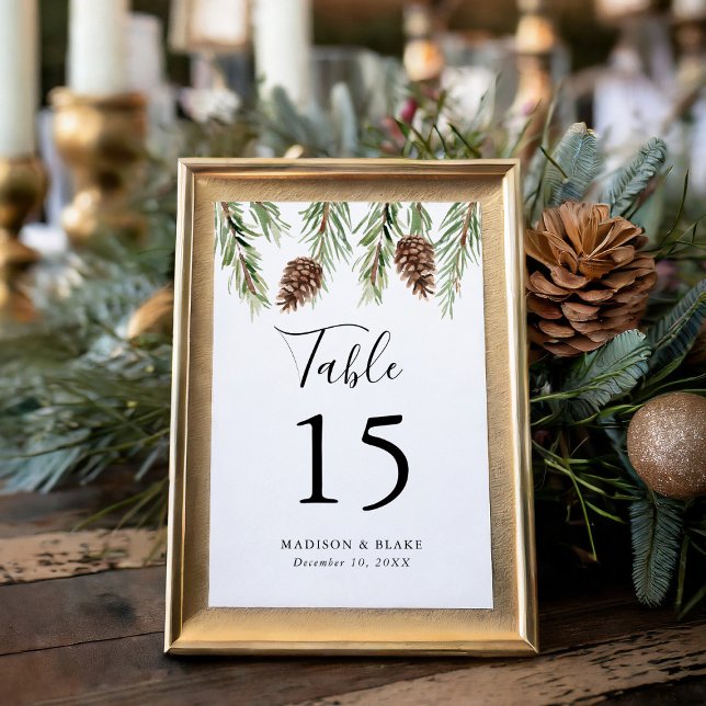 Numéro De Table Mariage Cônes de Pin Aquarelle Hivernale (Créateur téléchargé)
