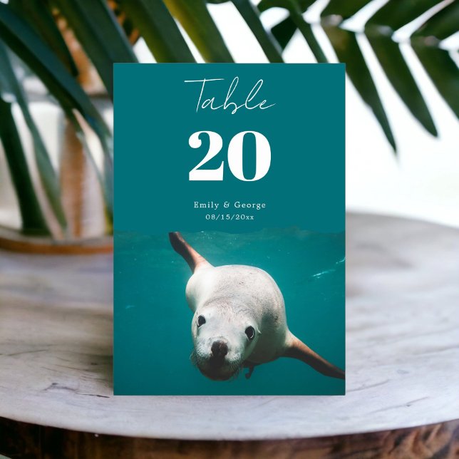Numéro De Table Mariage côtier bleu sous-marin Aqua Sea Lion (Créateur téléchargé)