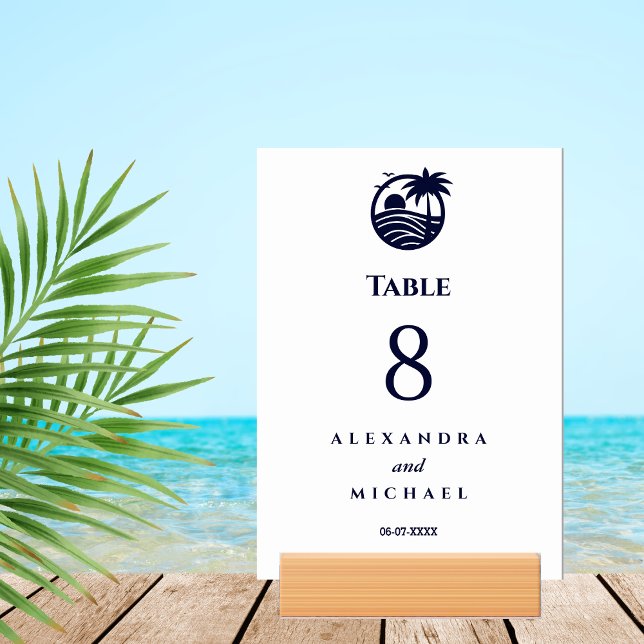 Numéro De Table Mariage côtier de palmier blanc de la Marine (Créateur téléchargé)