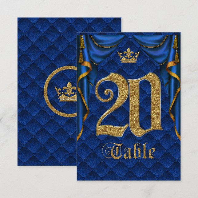 Numéro de Table Mariage Couronne Dorée Bleu Royal  (Devant / Derrière)