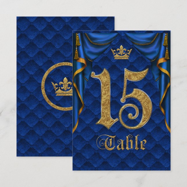 Numéro de Table Mariage Couronne Dorée Bleu Royal  (Devant / Derrière)