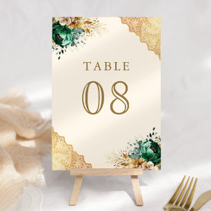 Numéro De Table Mariage Crème à la Dentelle Florale Émeraude Dorée