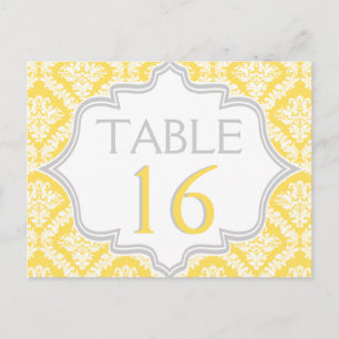 Numéro de table mariage damassé jaune citron, gris