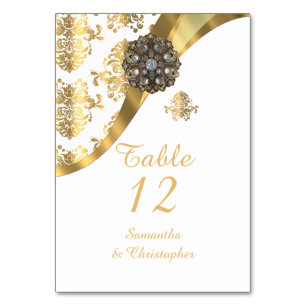 Numéro De Table Mariage damassé vintage blanc et or