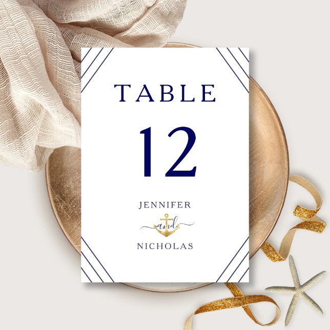 Numéro De Table Mariage d'Ancre d'or des rayures nautiques (Nautical Stripes Gold Anchor Wedding Table Number)