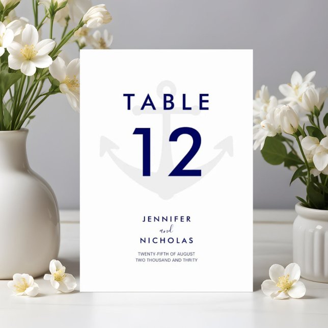 Numéro De Table Mariage d'ancre marine bleu marine moderne (Modern Navy Blue Nautical Anchor Wedding Table Number)