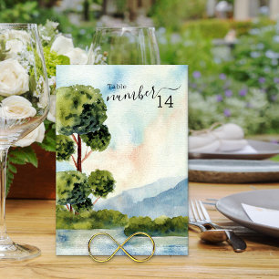 Numéro De Table Mariage d'aquarelle À feuillage persistant du lac