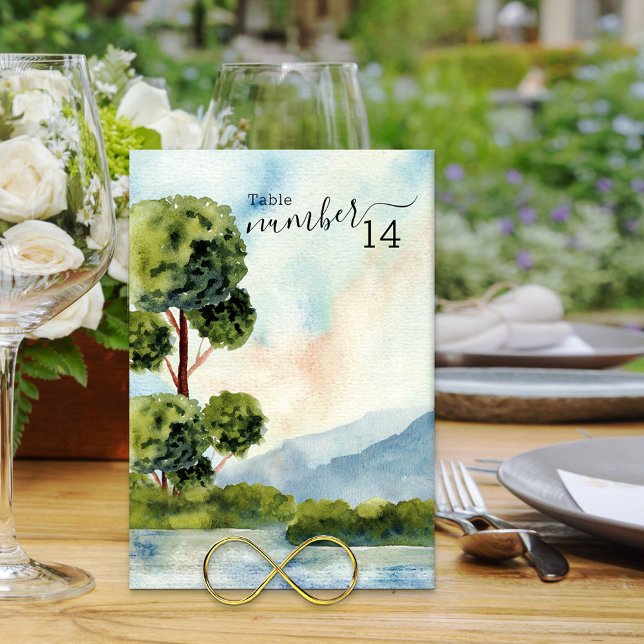 Numéro De Table Mariage d'aquarelle À feuillage persistant du lac  (Créateur téléchargé)