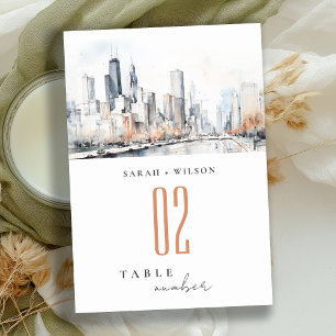 Numéro De Table Mariage d'aquarelle de Chicago, Illinois City Scap