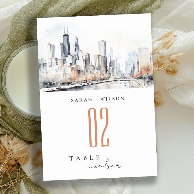 Numéro De Table Mariage d'aquarelle de Chicago, Illinois City Scap (Créateur téléchargé)