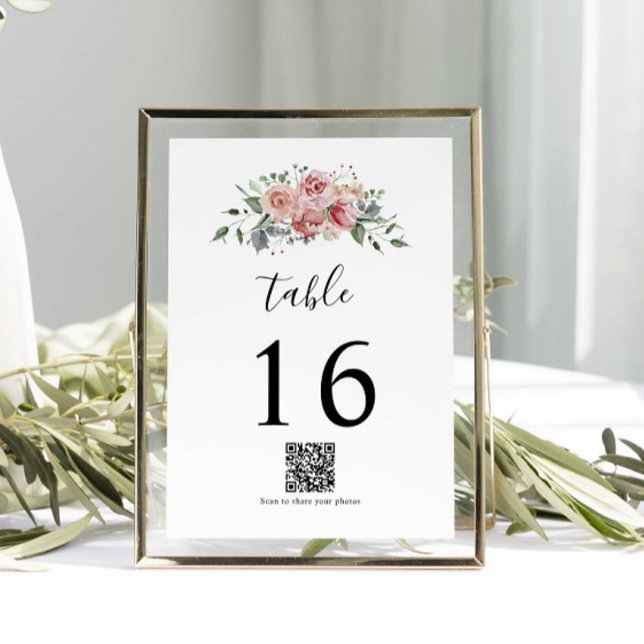 Numéro De Table Mariage d'aquarelle rose rose élégant QR Code (Créateur téléchargé)