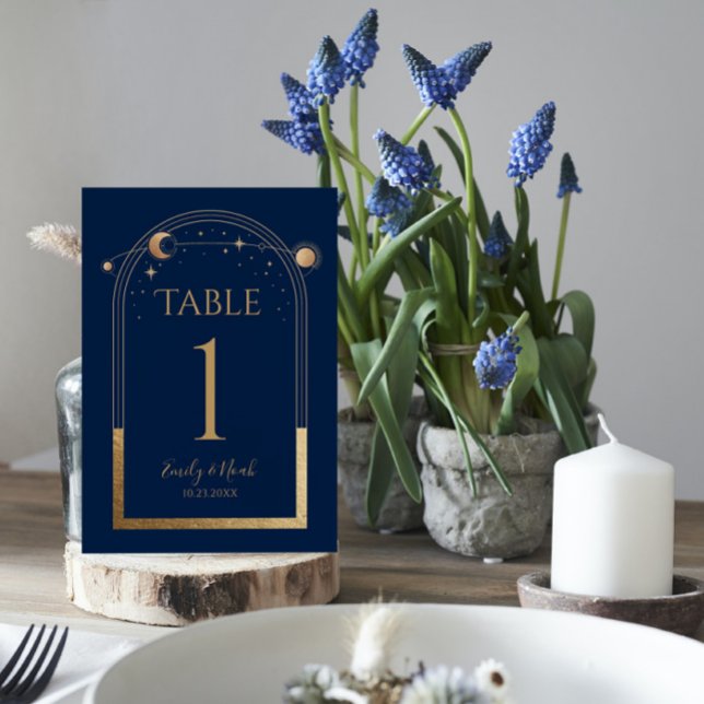 Numéro De Table Mariage d'astronomie Mystical Blue Gold Sun Moon (Créateur téléchargé)