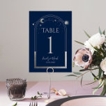 Numéro De Table Mariage d'astronomie mystique en argent de la Lune<br><div class="desc">Mystique Bleu Argent Soleil Lune Astronomie Mariage Numbers présente soleil doré, lune et étoiles avec un cadre argenté sur un arrière - plan noir. À l'intérieur, vous trouverez vos informations d'invitation de mariage personnalisées. Personnalisez en modifiant le texte dans les zones de texte. REMARQUE : Veuillez customiser avec les numéros...</div>