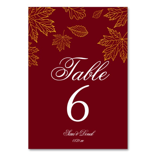 Numéro De Table Mariage d'automne feuilles Bourguignon et Or (Dos)