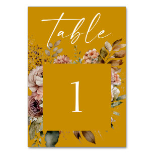 Numéro De Table Mariage d'automne jaune moutarde profond Bohème