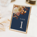 Numéro De Table Mariage de automne bleu de la marine moderne<br><div class="desc">Numéro de tableau du Mariage de automne bleu de la Marine moderne. Apportez élégance et cohésion à vos tables d'accueil avec ces numéros de table magnifiquement conçus, en coordination avec "Navy Blue & Terracotta Mariage de automne Invitations". Le riche arrière - plan de la marine et les fleurs d'automne peintes...</div>