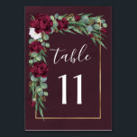 Numéro De Table Mariage de automne d'aquarelle florale de Bourgogn<br><div class="desc">Vous y trouverez un arrière - plan de lavage à l'aquarelle au vin ou au bordeaux avec un élégant dollar argenté et des feuilles d'eucalyptus ensemencés. De belles fleurs de Marsala/Bourgogne sont entrelacées avec l'eucalyptus spray. Le design comporte également une bordure en or imprimé.</div>