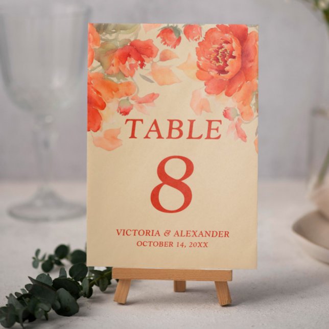 Numéro De Table Mariage de automne Floral Orange Brûlé (Créateur téléchargé)