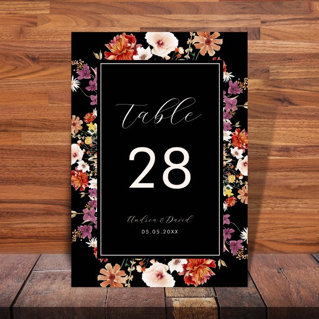 Numéro De Table Mariage de Boho Floral Fleur sauvage noir (Créateur téléchargé)