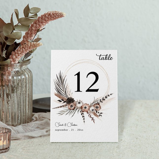 Numéro De Table Mariage de Boho Floral Noir & Naturel (Créateur téléchargé)