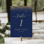 Numéro De Table Mariage de bord de Parties scintillant d'or bleu m<br><div class="desc">Le bord supérieur de ce numéro de table mariage moderne élégant présente une conception de parties scintillant en faux or. Le texte personnalisable combine écriture manuscrite couleur or pâle,  cuivre et polices italiques sur un arrière - plan bleu marine.</div>