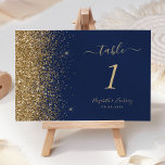 Numéro De Table Mariage de bord de Parties scintillant d'or bleu m<br><div class="desc">Le bord gauche de ce numéro de table mariage moderne et élégant présente un style de parties scintillant en faux or. Le texte personnalisable combine écriture manuscrite couleur or pâle,  cuivre et polices italiques sur un arrière - plan bleu marine.</div>