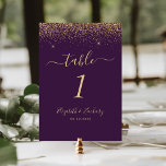 Numéro De Table Mariage de bord de Parties scintillant doré foncé<br><div class="desc">Le bord supérieur de ce numéro de table mariage moderne élégant présente une conception de parties scintillant en faux or. Le texte personnalisable combine écriture manuscrite couleur or pâle,  cuivre et polices italiques sur un arrière - plan violet foncé.</div>