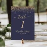 Numéro De Table Mariage de bord de Parties scintillant en or bleu<br><div class="desc">Le bord supérieur de ce numéro de table mariage moderne élégant présente une conception de parties scintillant en faux or. Le texte personnalisable combine écriture manuscrite couleur or pâle,  cuivre et polices italiques sur un arrière - plan bleu foncé.</div>