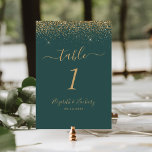 Numéro De Table Mariage de bord moderne Parties scintillant or fon<br><div class="desc">Le bord supérieur de ce numéro de table mariage moderne élégant présente une conception de parties scintillant en faux or. Le texte personnalisable combine écriture manuscrite couleur or,  cuivre et polices italiques sur un arrière - plan vert foncé.</div>