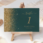 Numéro De Table Mariage de bord moderne Parties scintillant or fon<br><div class="desc">Le bord gauche de ce numéro de table mariage moderne et élégant présente un style de parties scintillant en faux or. Le texte personnalisable combine écriture manuscrite couleur or pâle,  cuivre et polices italiques sur un arrière - plan vert foncé.</div>