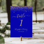 Numéro De Table Mariage de bord Royal Blue Gold Parties scintillan<br><div class="desc">Le bord supérieur de ce numéro de table mariage moderne élégant présente une conception de parties scintillant en faux or. Le texte personnalisable combine écriture manuscrite couleur or pâle,  cuivre et polices italiques sur un arrière - plan bleu royal.</div>